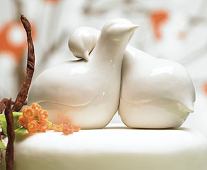 Glazed White Porcelain Doves and Flowers Wedding Cake Topper 